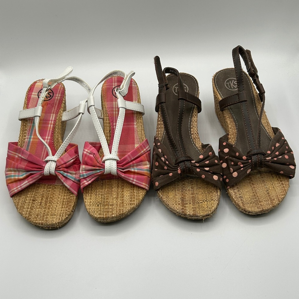 TKS Phoebe 556 Girls Wedge Sandals Lot 2 Pairs Pink Plaid Brown Polka Dot 3M